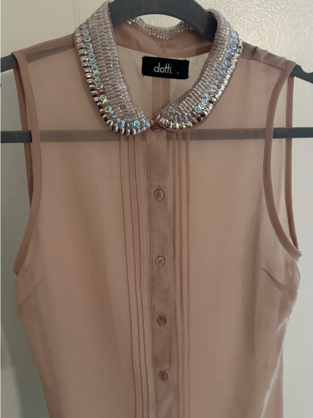 Elegant Beaded Collar Blouse by Dotti – Soft Nude Sleeveless Top ✨